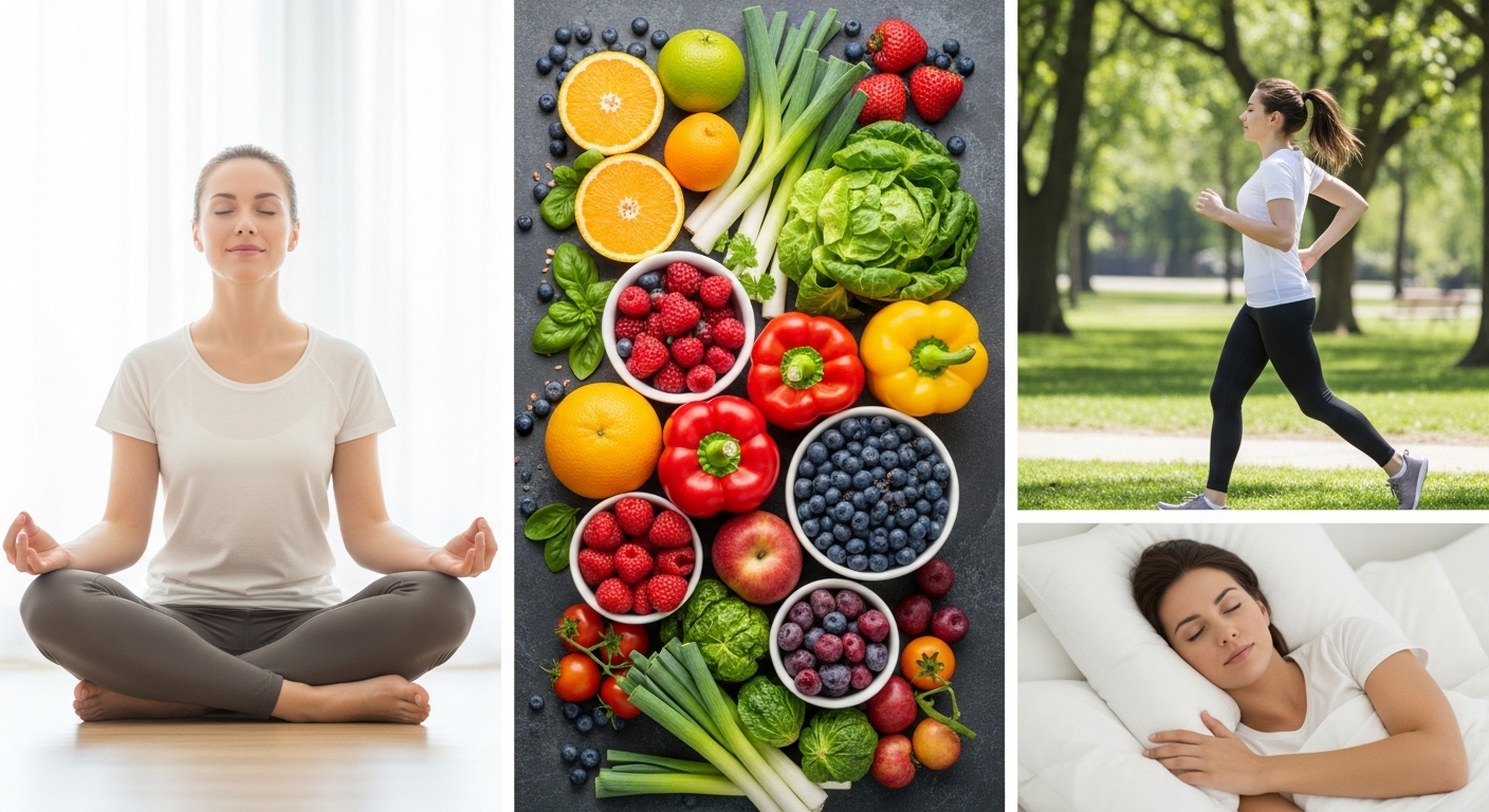 명상, 신선한 과일, 야외 조깅, 편안한 수면 등 면역력 강화를 위한 건강한 생활 습관들을 한데 모은 이미지.