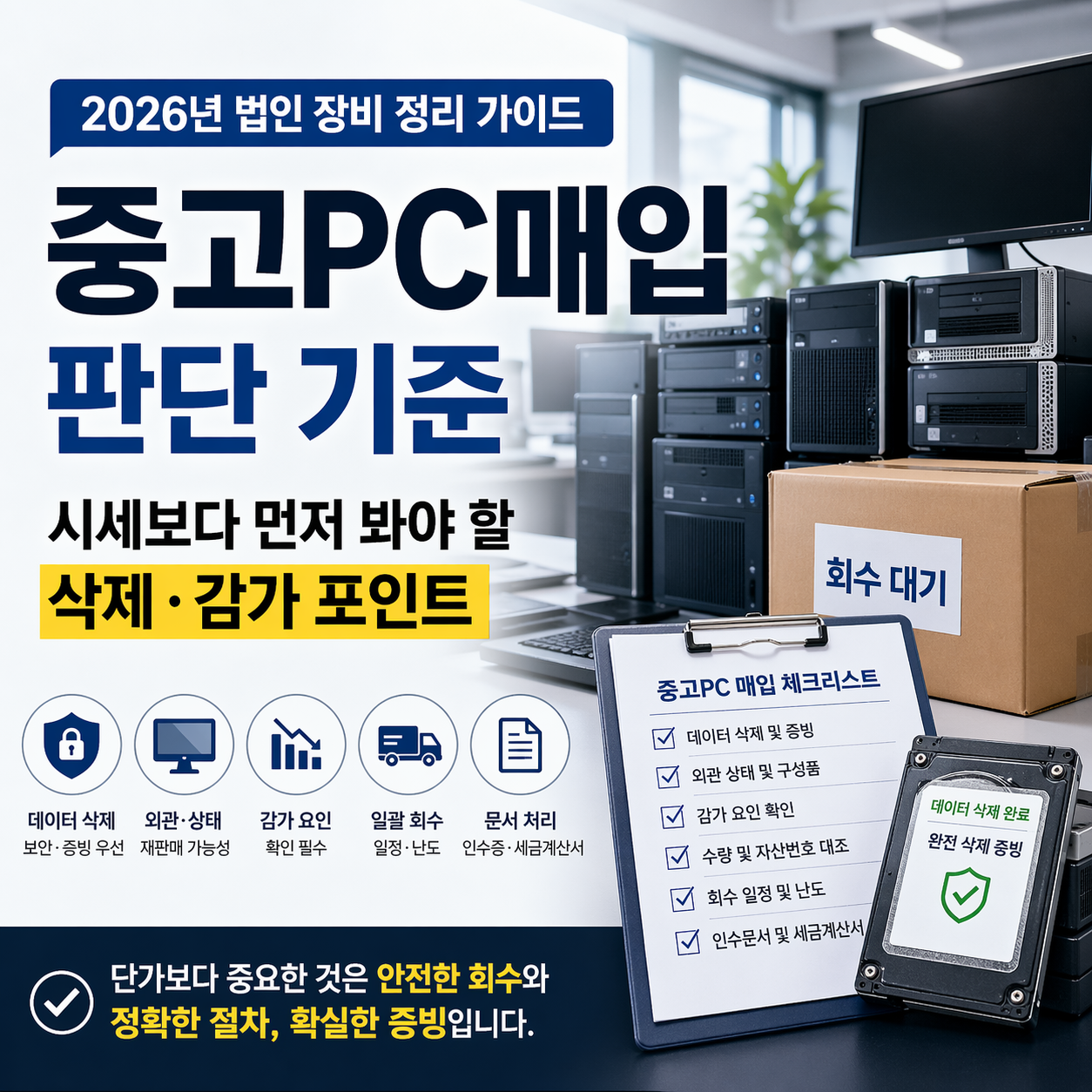 중고 PC 매입을 위해 사무실 장비를 정리하고 데이터 삭제 및 회수를 준비하는 IT 자산 관리 이미지