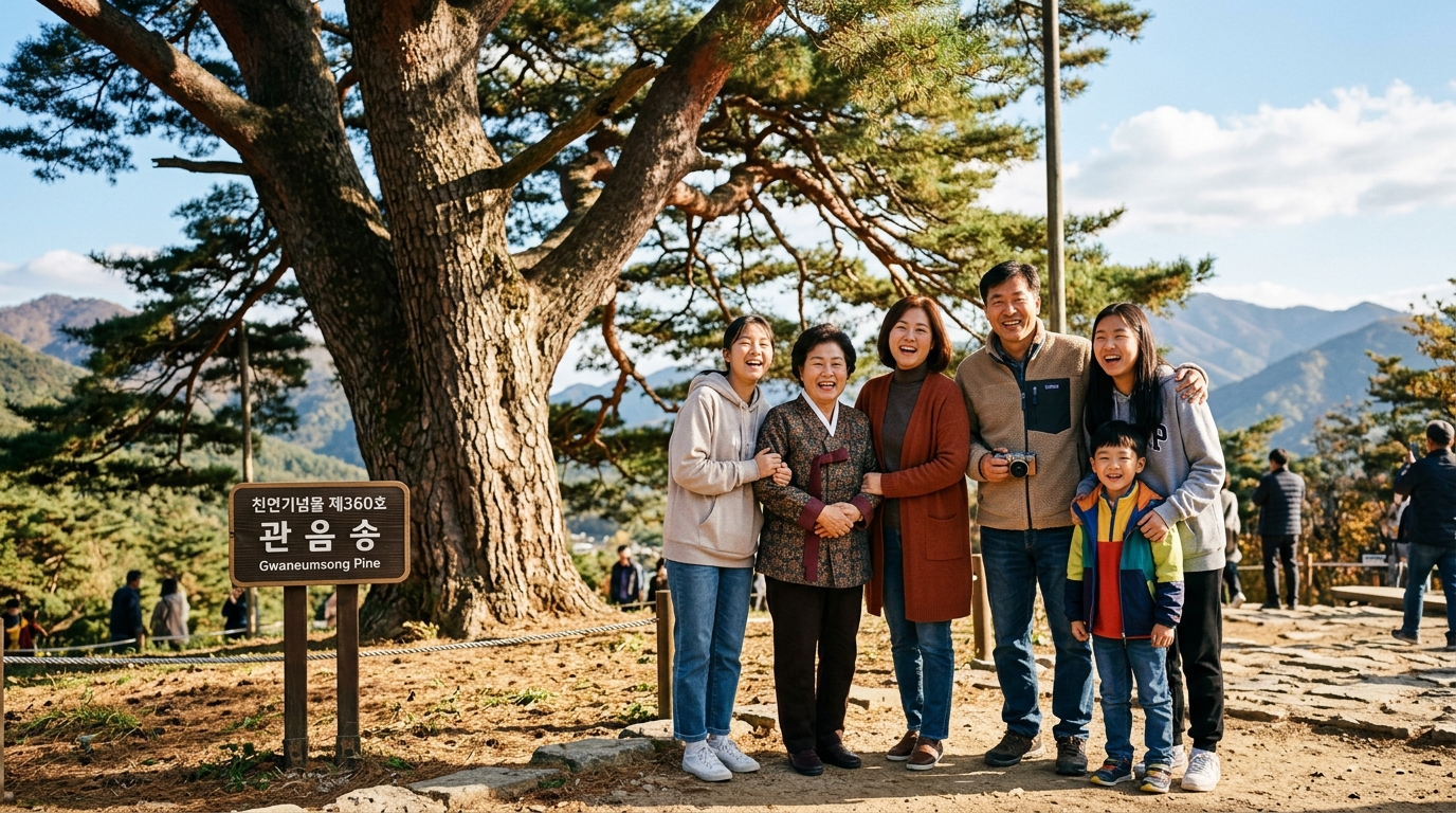 천연기념물 관음송 앞에서 햇살을 받으며 찍은 인생샷 샘플