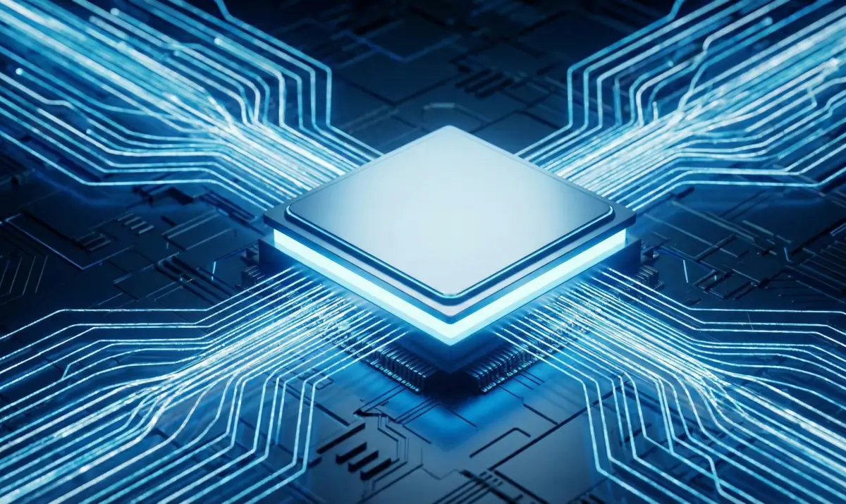 빠르게 흐르는 데이터 스트림과 AI 프로세서의 추상적인 이미지