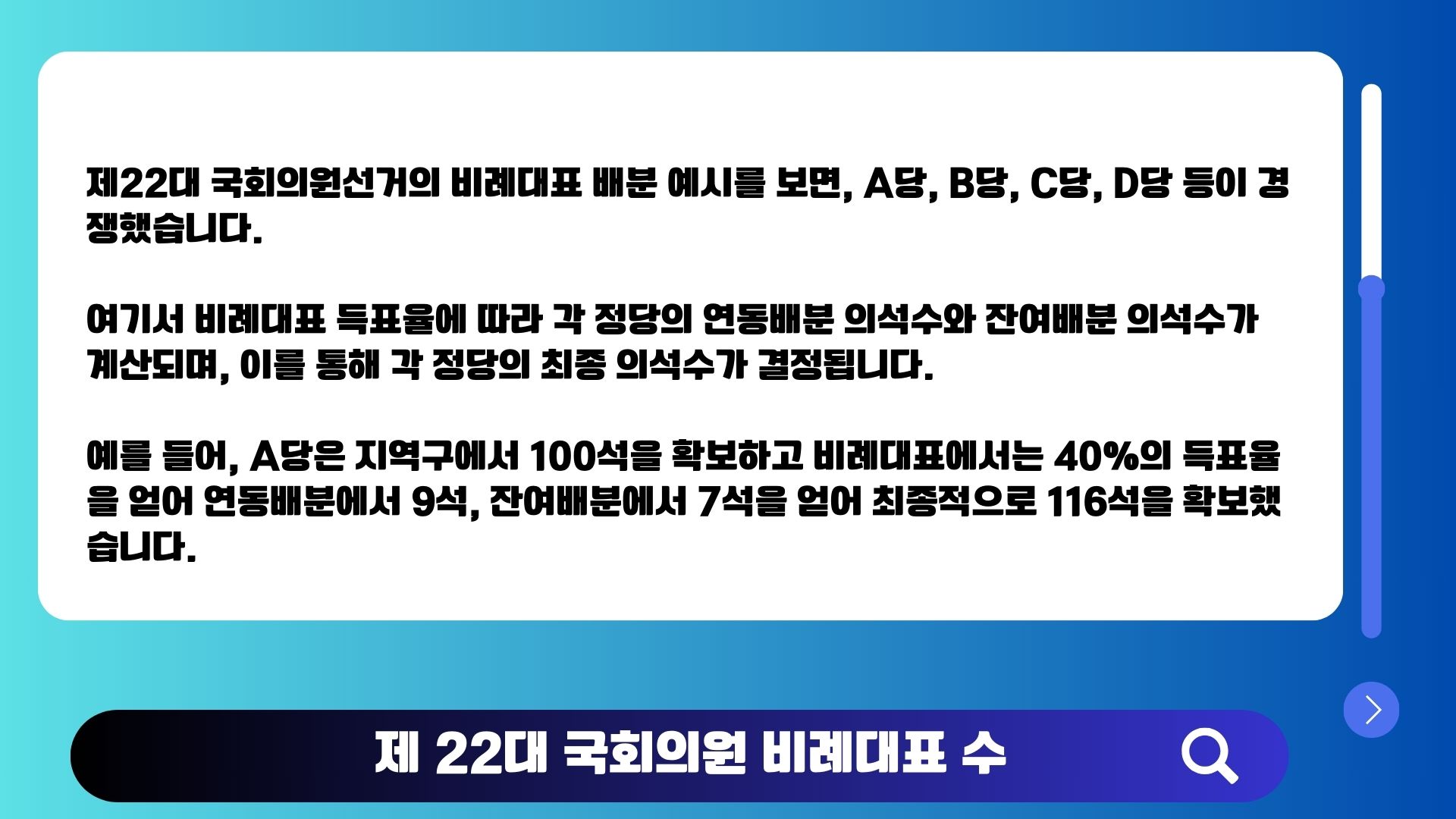 제22대 국회의원선거 비례대표 의석수 46석 지역구 254석