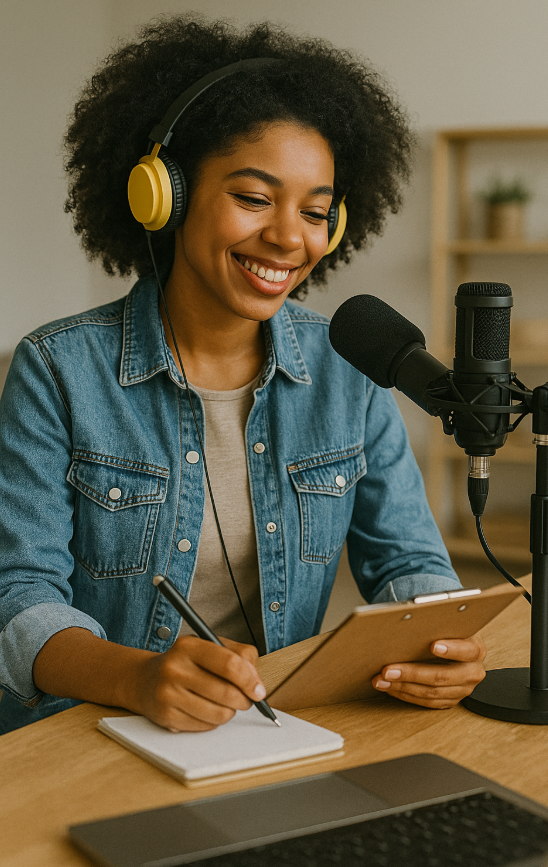 마이크 앞에서 노트,컴퓨터를 이용해 일하는 여성 사진