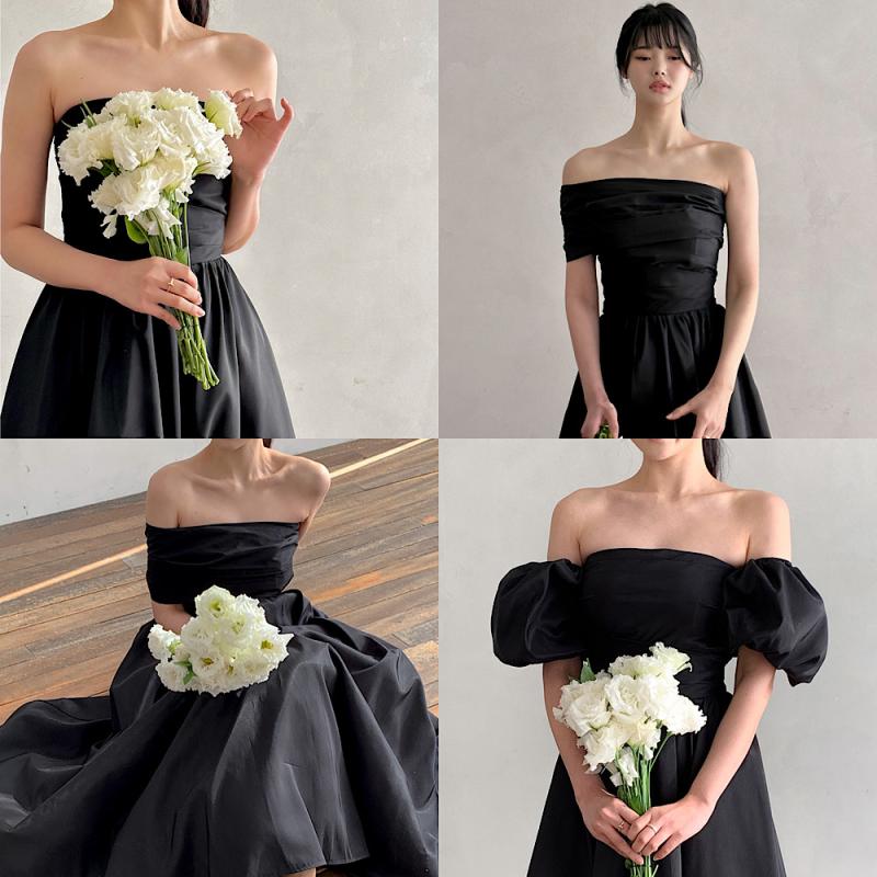 (대여) 블랙 스왈 타프타 실크 탑 변형 드레스 셀프웨딩 촬영 2부드레스