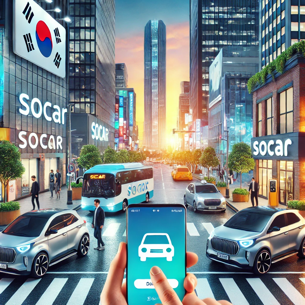 도시에서 쏘카 차량 공유 서비스가 보여지는 장면. 브랜드 차량이 전략적인 위치에 주차되어 있고 사용자가 스마트폰 앱을 통해 서비스를 이용하는 모습. 접근성과 혁신이 강조됨