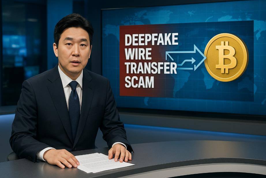 뉴스 스튜디오에서 앵커가 “딥페이크 송금 사기” 사건을 보도하는 모습