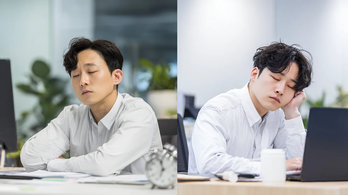 낮에 책상에서 졸린 표정의 직장인