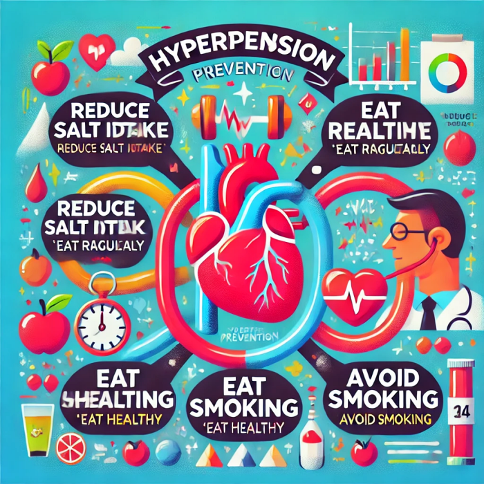 고혈압 예방 팁을 보여주는 인포그래픽&amp;#44; 소금 섭취 줄이기&amp;#44; 규칙적인 운동&amp;#44; 건강한 식단&amp;#44; 금연 등 강조.