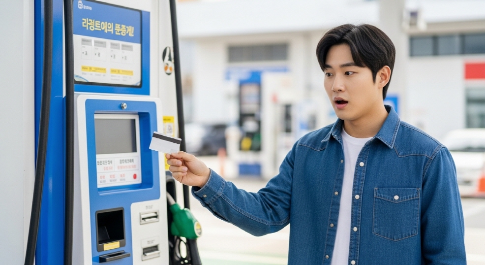 키오스크 앞에서 카드가 거부된 듯 놀란 표정의 청년