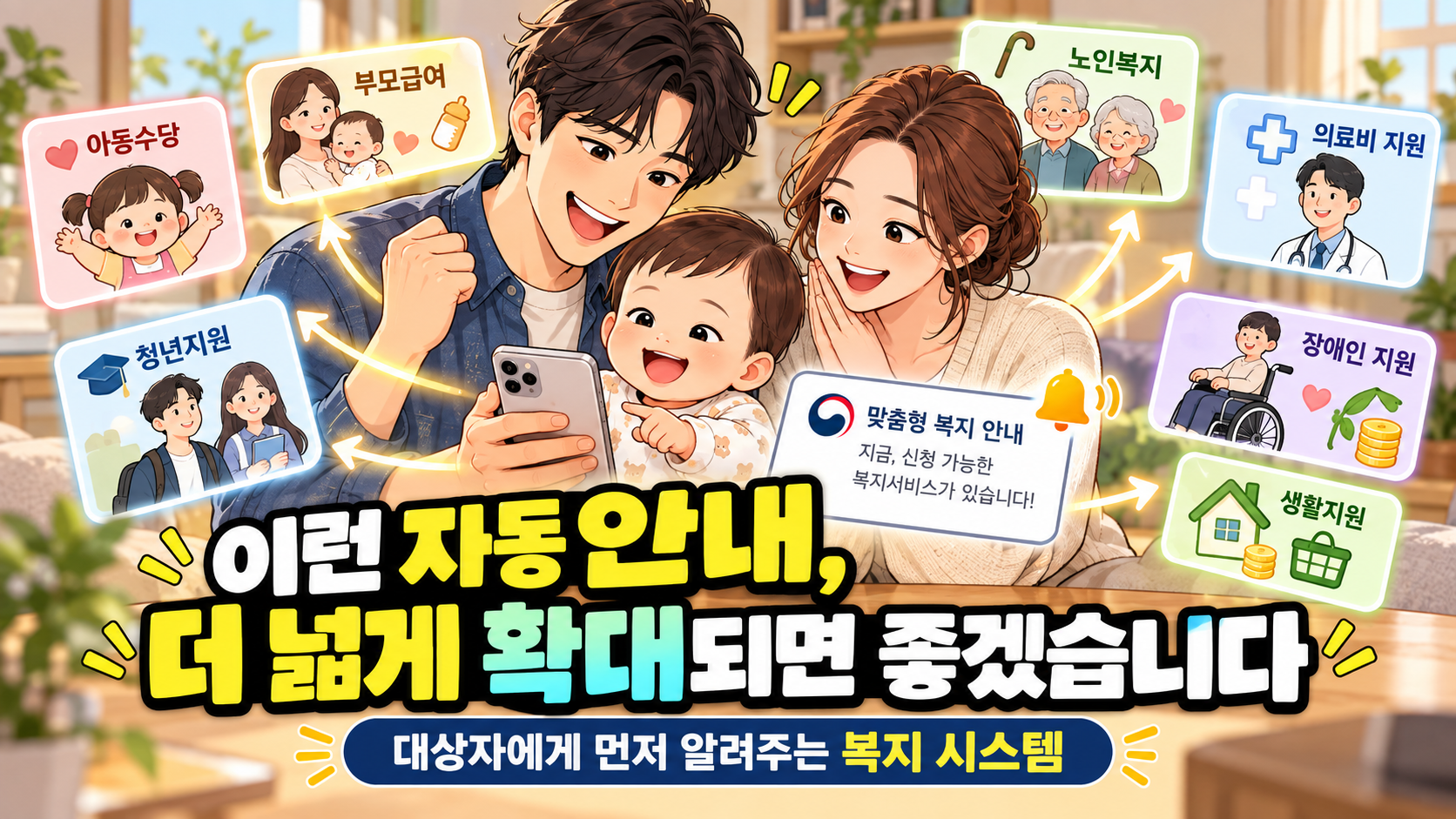 가족이 스마트폰으로 맞춤형 복지 안내를 확인하며 기뻐하고, 아동수당&middot;부모급여&middot;청년지원&middot;노인복지&middot;의료비 지원&middot;장애인 지원&middot;생활지원 등 다양한 복지 자동 안내가 더 넓게 확대되길 바라는 내용을 표현한 웹툰형 이미지