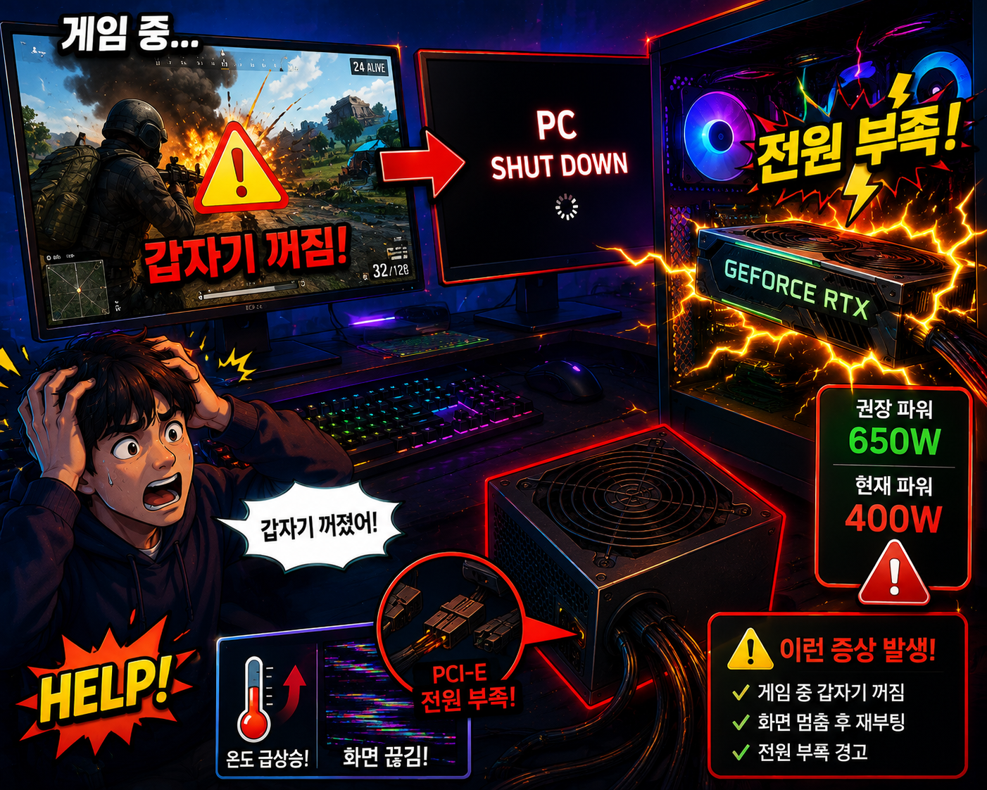 그래픽카드 전원 부족 증상 해결방법 총정리 게임 중 갑자기 꺼짐 파워서플라이 용량 원인