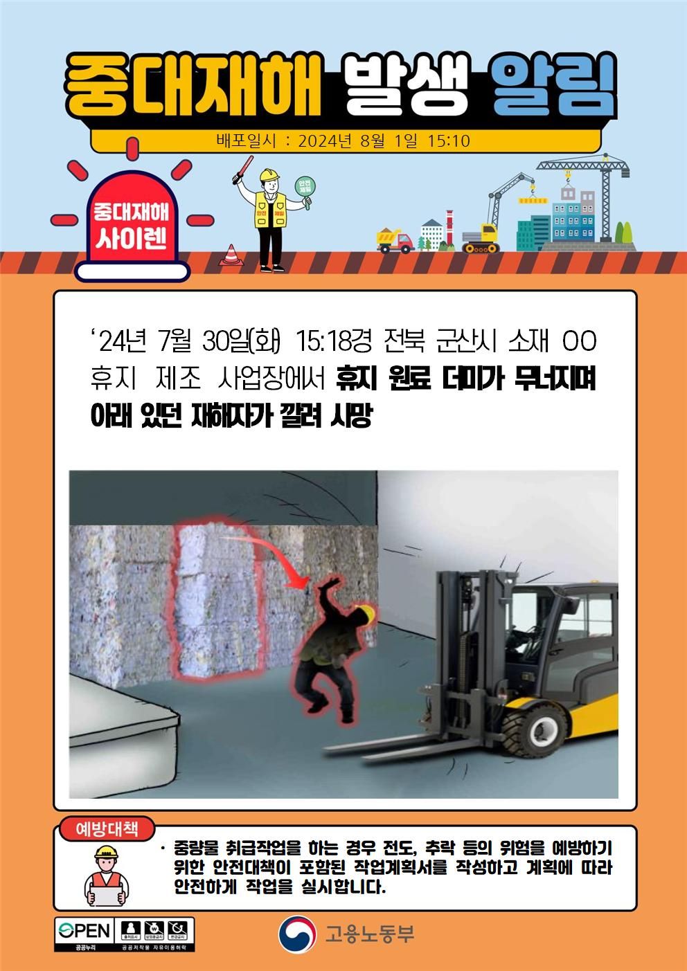 휴지 원료 더미가 무너지며 아래 있던 재해자가 깔림