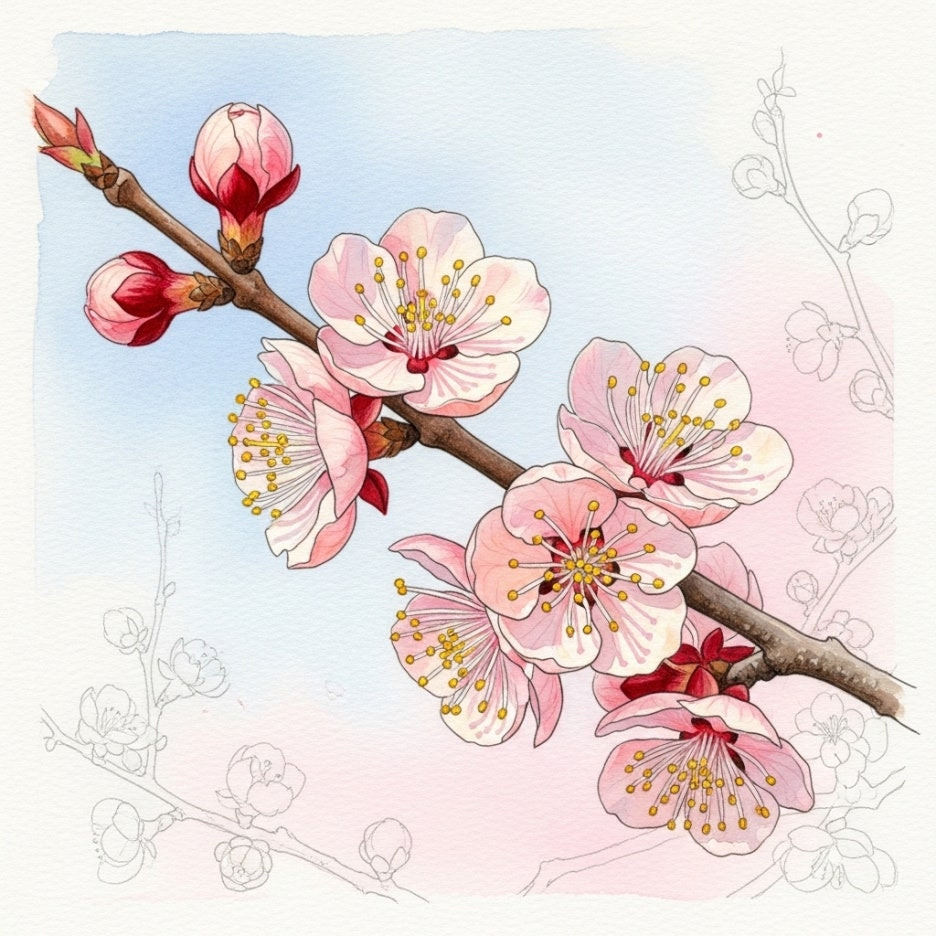 수채화풍으로 그려진 은은한 매화 가지