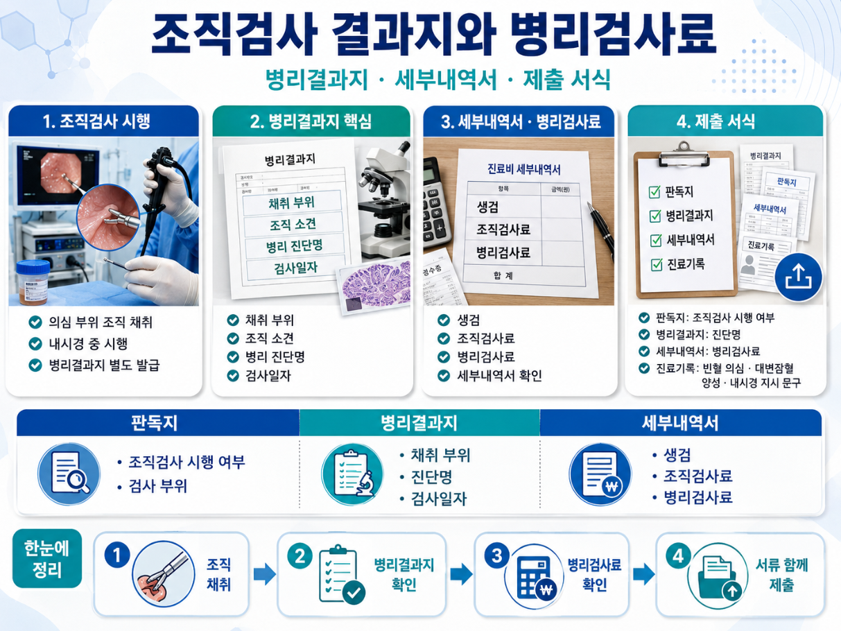조직검사 결과지와 병리검사료에서 채취 부위, 조직 소견, 병리 진단명, 세부내역서 제출 항목을 정리한 의료 인포그래픽