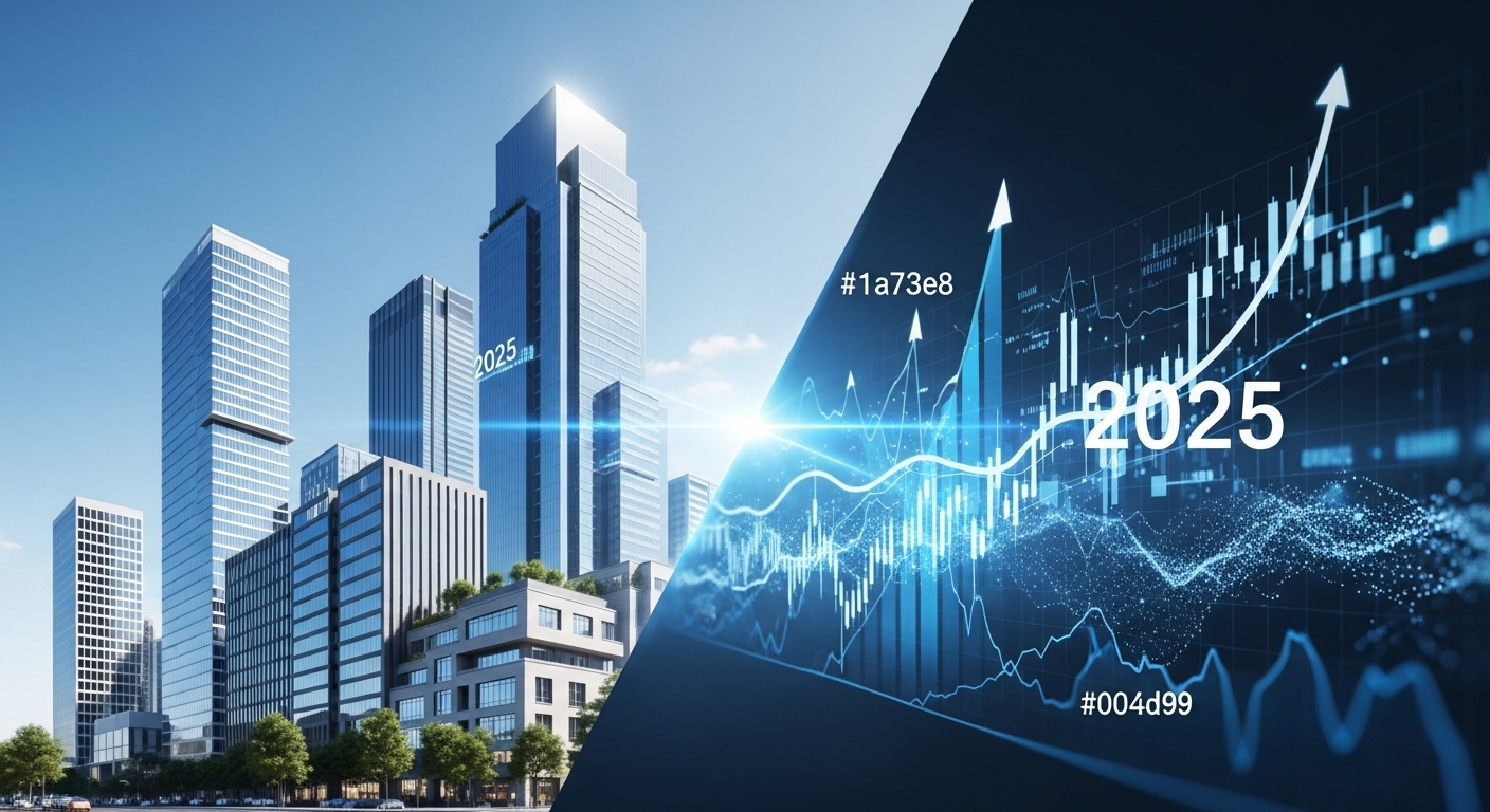 2025년 하반기 부동산과 주식 투자 전략을 시각적으로 보여주는 이미지. 안정적인 부동산 건물과 상승하는 주식 시장 그래프가 조화롭게 배치되어 있다.