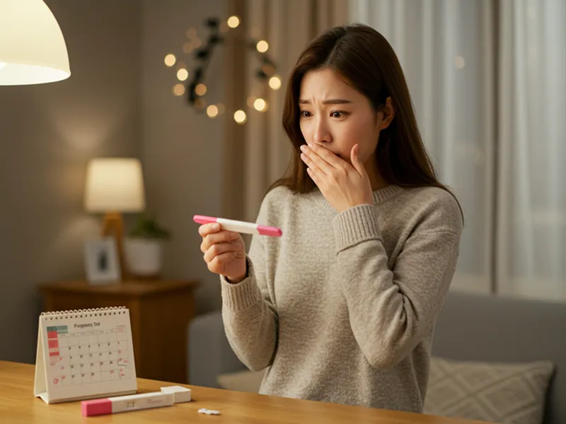 임신 테스트기 결과를 보고 설렘과 불안을 동시에 느끼는 여성의 감정적 순간.&quot;