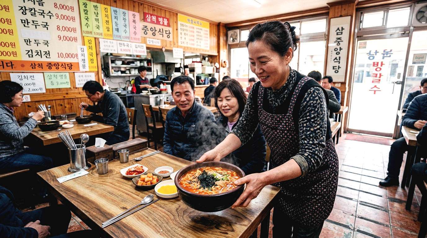 삼척 중앙시장 근처 식당에서 한국인 여성이 장칼국수를 차려내는 모습