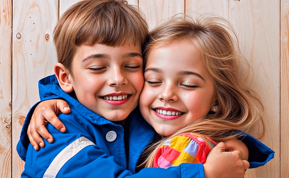 백인 남자아이와 여자 아이가 어깨를 감싸며 다정하게 포옹한다. 둘 다 눈을 감고 웃는다.
