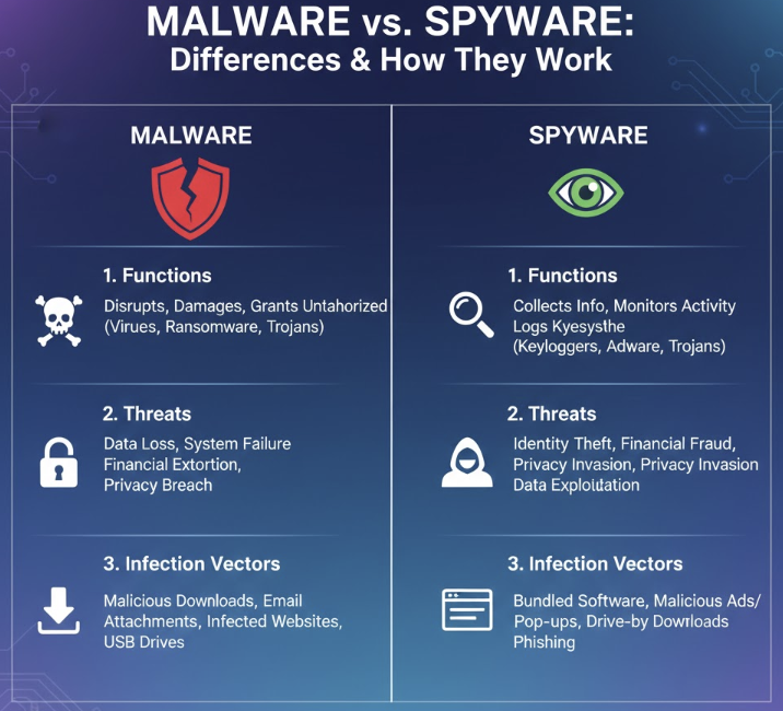 멀웨어(Malware)와 스파이웨어(Spyware)의 비교 다이어그램: 멀웨어는 광범위한 피해(파괴, 시스템 통제)를 목표로 하는 반면, 스파이웨어는 사용자 정보(키 입력, 활동)를 몰래 수집하는 데 중점을 둔다는 기능적 차이를 보여줍니다.