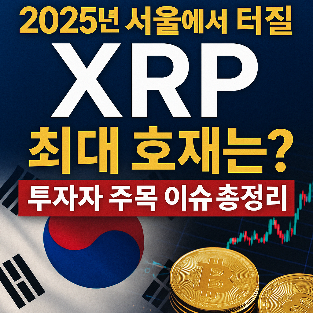 2025년 서울에서 터질 XRP 최대 호재는? 투자자 주목 이슈 총정리라는 문구와 함께, 한국 국기, 비트코인 금화, 차트가 함께 배치된 썸네일 이미지