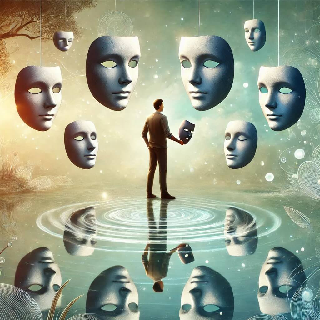 다양한 사회적 역할과 자기 인식 간의 상호 작용을 나타내는 페르소나 이미지