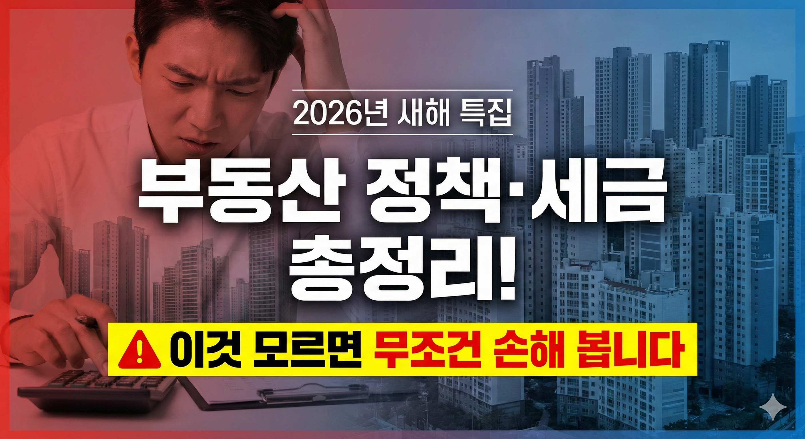 2026년 부동산 정책 및 세금 총정리 블로그 썸네일. 계산기를 들고 고민하는 남성과 아파트 배경 위에 '이것 모르면 무조건 손해 봅니다'라는 경고 문구가 강조되어 있다