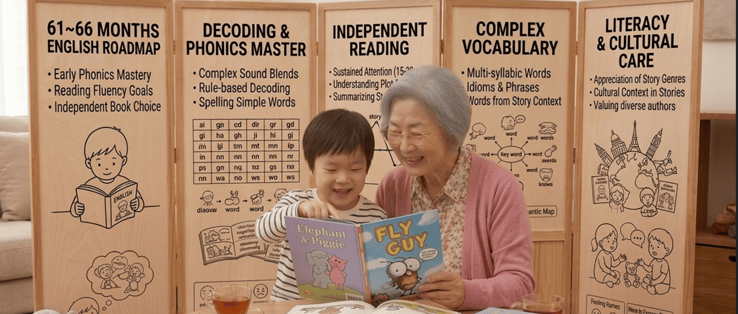 만5세 남자아이가 할머니와 'Fly Guy' 영어 책을 함께 보고 웃고 있는 이미지