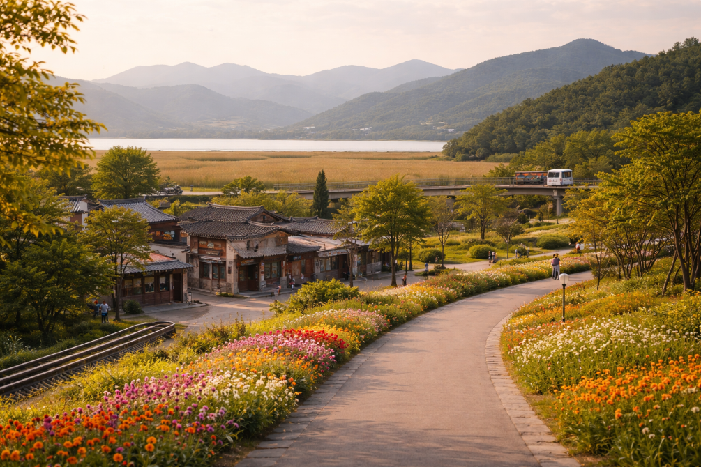 순천만국가정원 산책길과 꽃, 갈대밭 분위기가 어우러진 늦은 오후 풍경