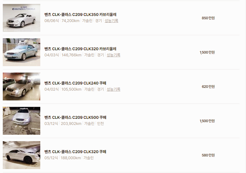 벤츠 CLK 중고차 가격 시세표 24년10월