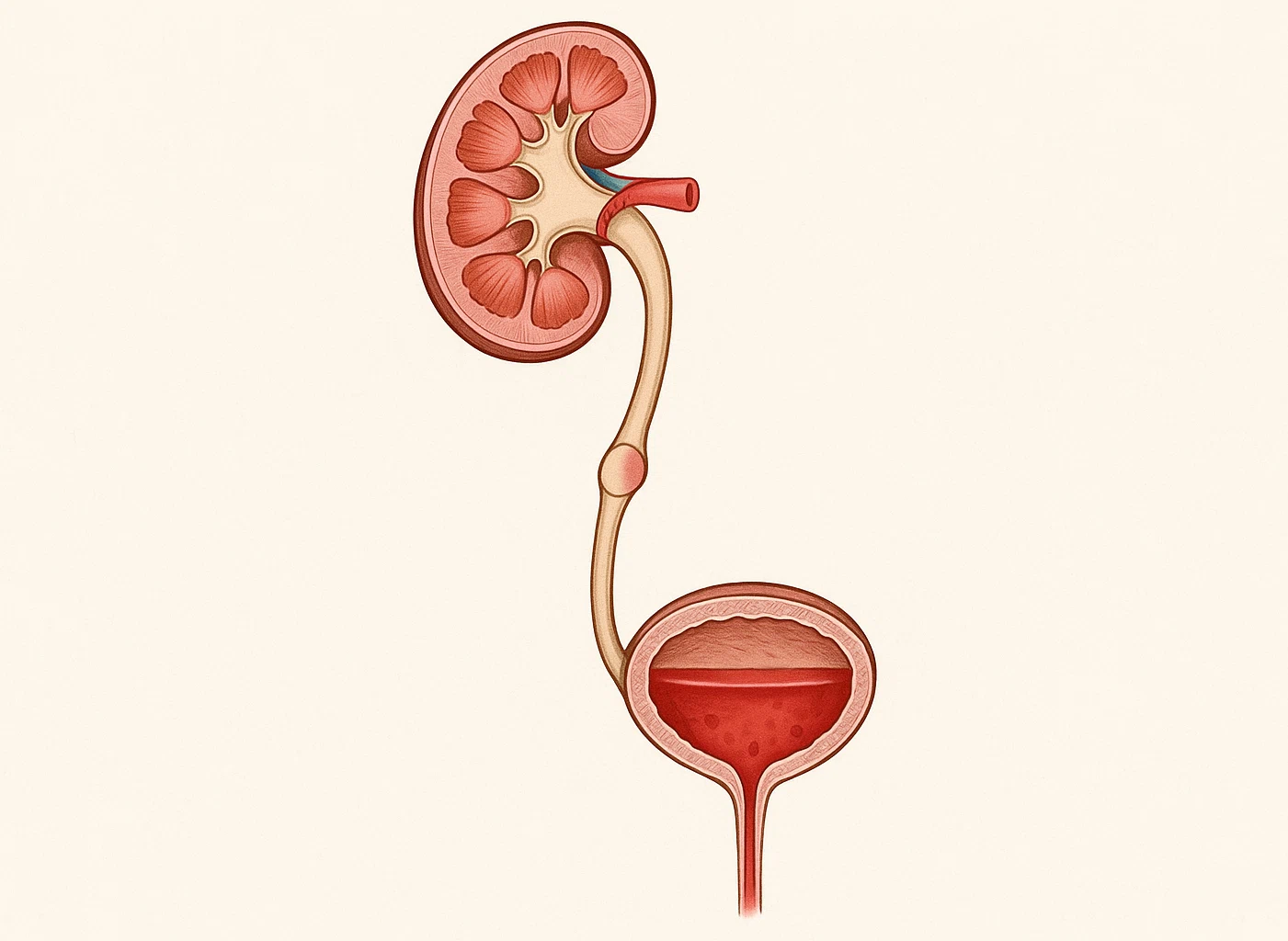 신장 → 요관 → 방광 → 요도로 이어지는 비뇨기계 구조