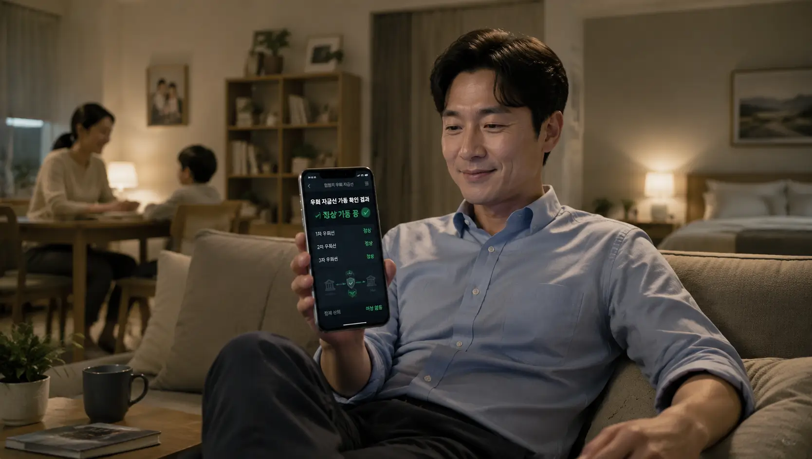 안방 소파에 앉아 가족들의 평온한 주거 공간 속에서 스마트폰 비교 앱으로 합법적 우회 자금선 가동 확인 결과를 보며 안도하는 직장인