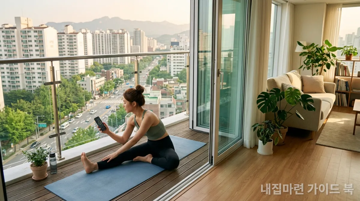 아파트 발코니에서 요가하며 건강 앱을 확인하는 젊은 한국 여성