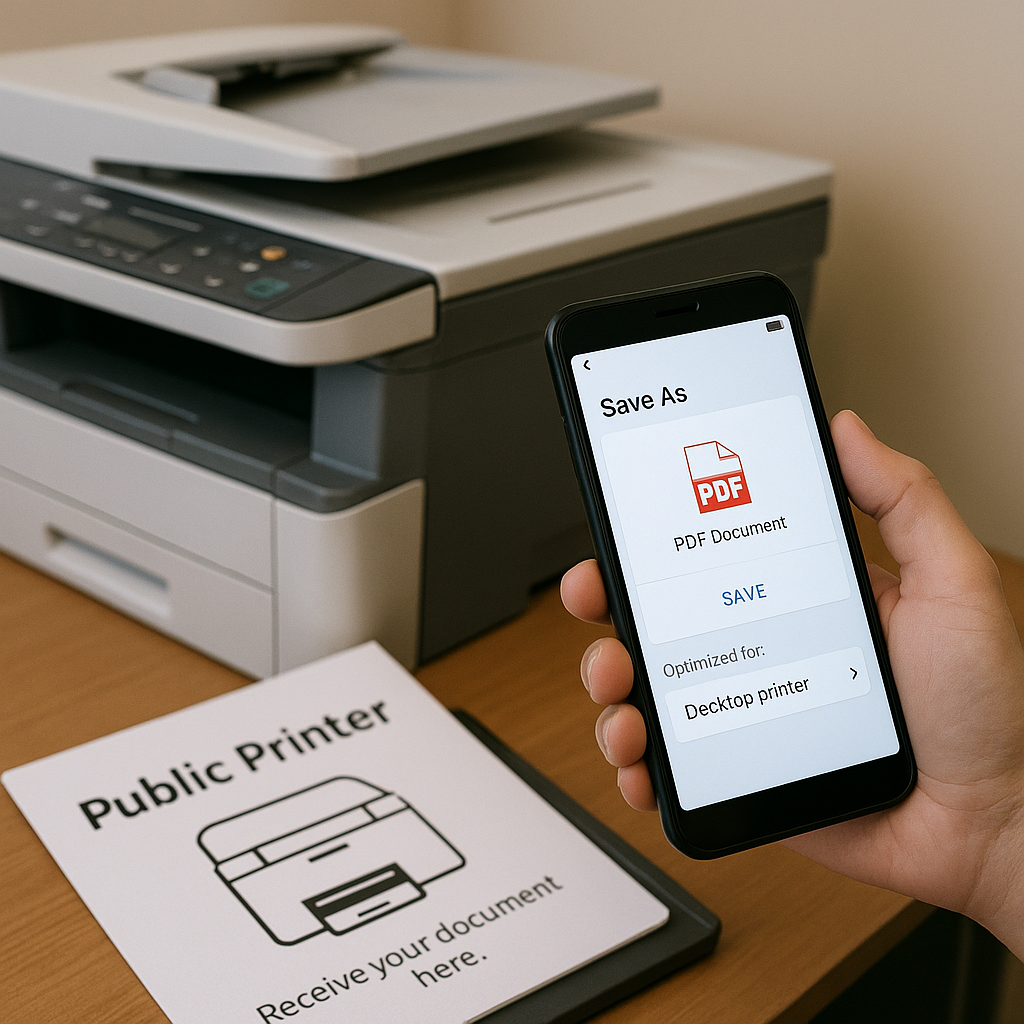 PDF 저장 화면, 모바일 전송 중인 사용자, 공공 프린터 안내 이미지
	PDF 저장, 모바일 전송, 공공기관 프린터 이용