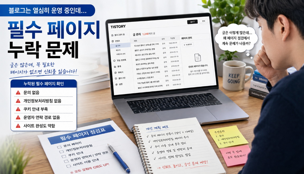 티스토리 블로그에서 문의 페이지와 개인정보처리방침이 없어 사이트 신뢰도가 약해 보이는 문제 상황 이미지