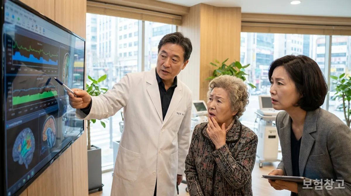 치매 진단 기준인 CDR 척도를 설명하는 의사와 경청하는 환자 가족의 모습.