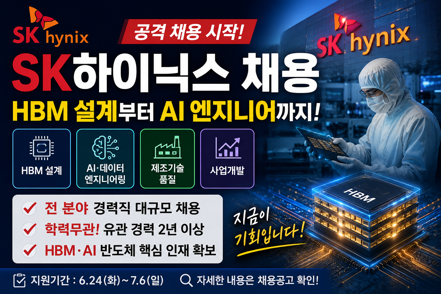 SK하이닉스가 HBM 설계 인력과 AI 엔지니어를 대규모로 채용하며 반도체 인재 확보에 나선 모습을 표현한 채용 정보 썸네일
