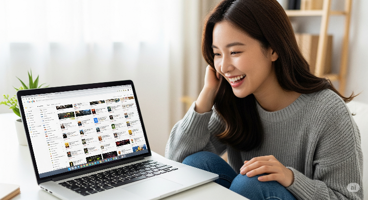 여성이 노트북으로 구글 검색 결과 페이지를 보며 만족스러운 표정을 짓는 모습