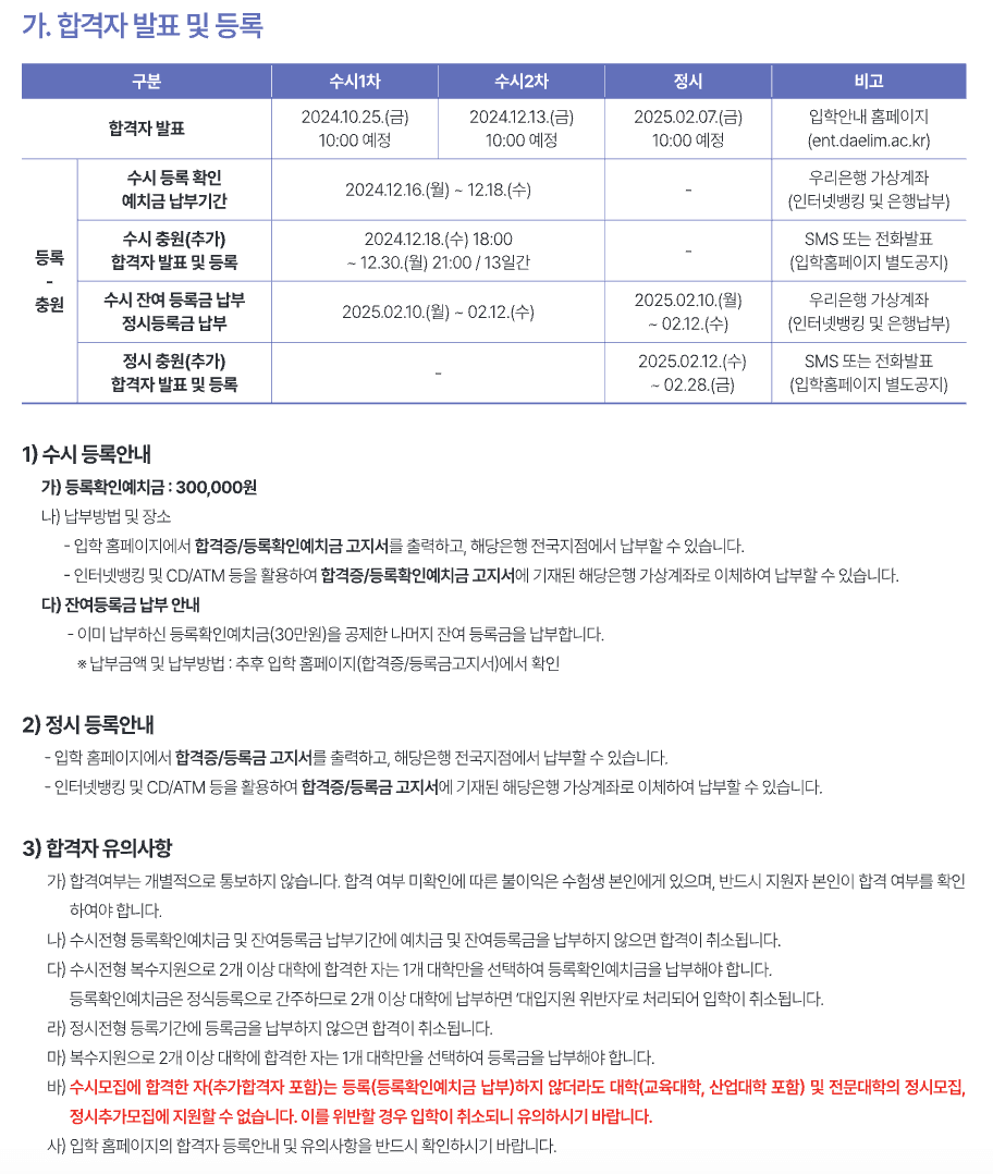 2025 대림대 수시 합격자 발표 일정