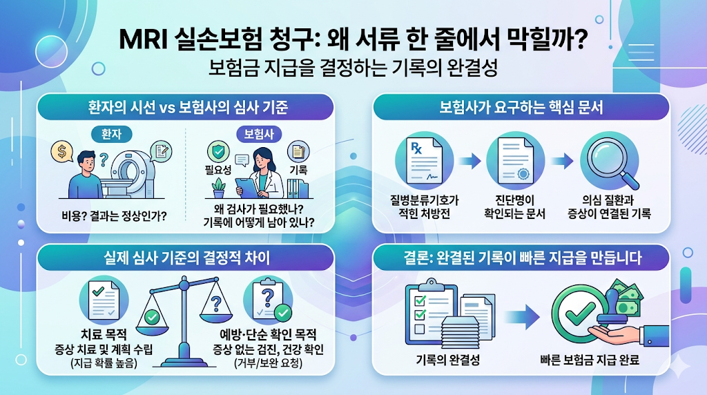 MRI 실손보험 청구 시 서류 한 줄로 지급이 막히는 핵심 구조 설명 인포그래픽