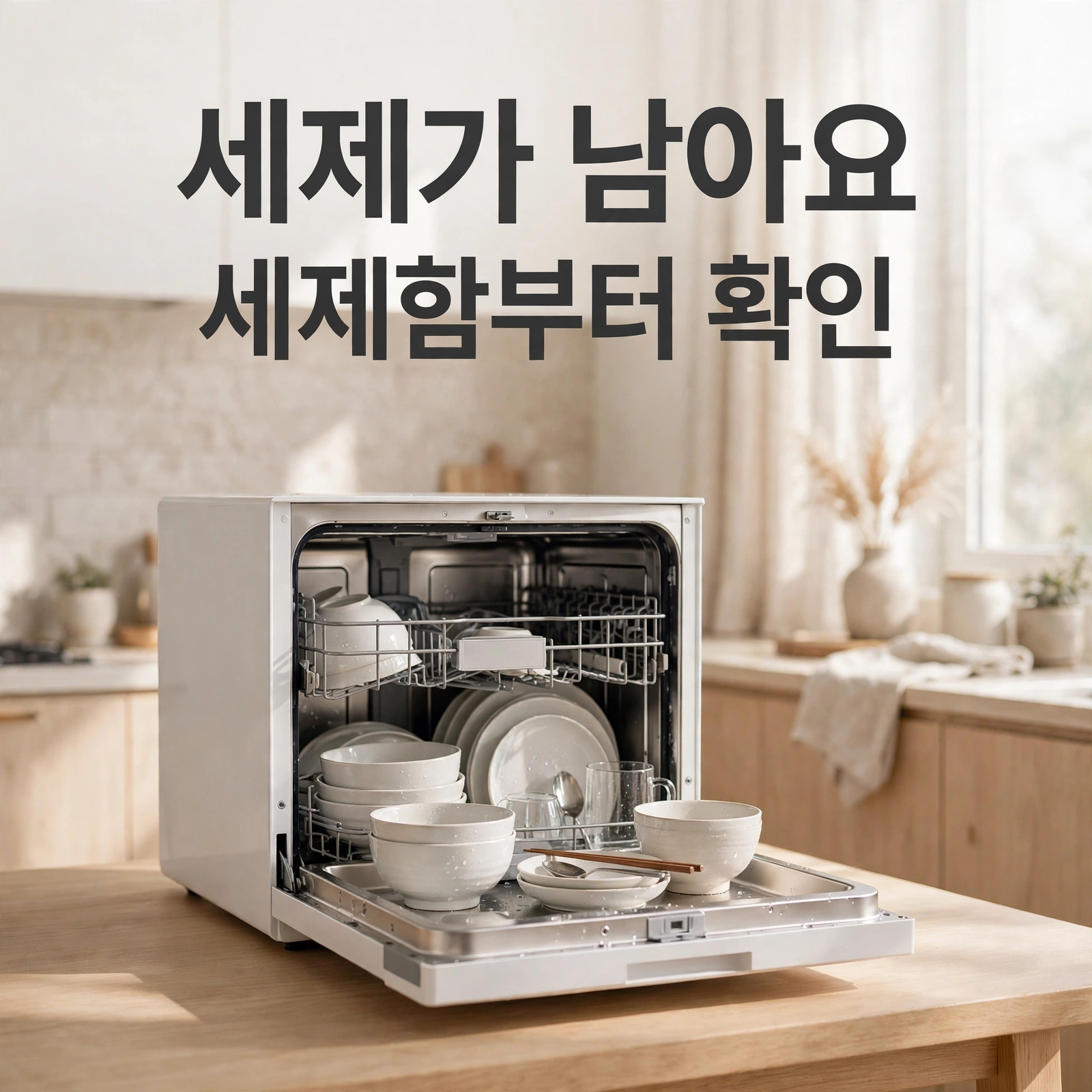 식기세척기와 '세제가 남아요 · 세제함부터 확인' 썸네일 문구 이미지