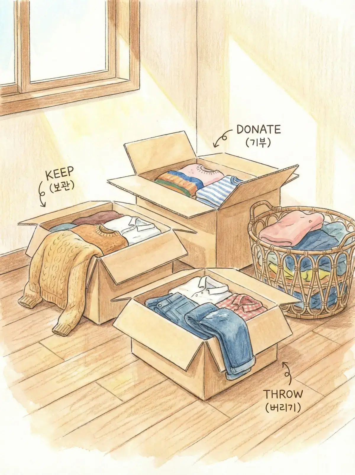 '남길 것', '버릴 것', '기부할 것'으로 분류된 세 개의 박스 일러스트