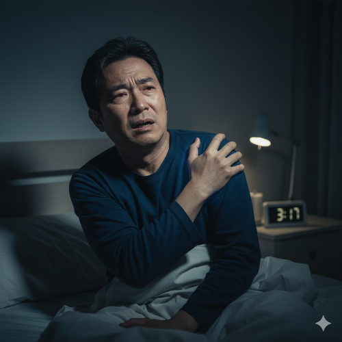 어두운 밤, 침대에 앉아 있는 여성이 고통스러운 표정으로 한쪽 어깨를 손으로 감싸 쥐고 있는 모습. 어깨 통증으로 인해 잠을 이루지 못하는 상황을 묘사한 감성적인 이미지.