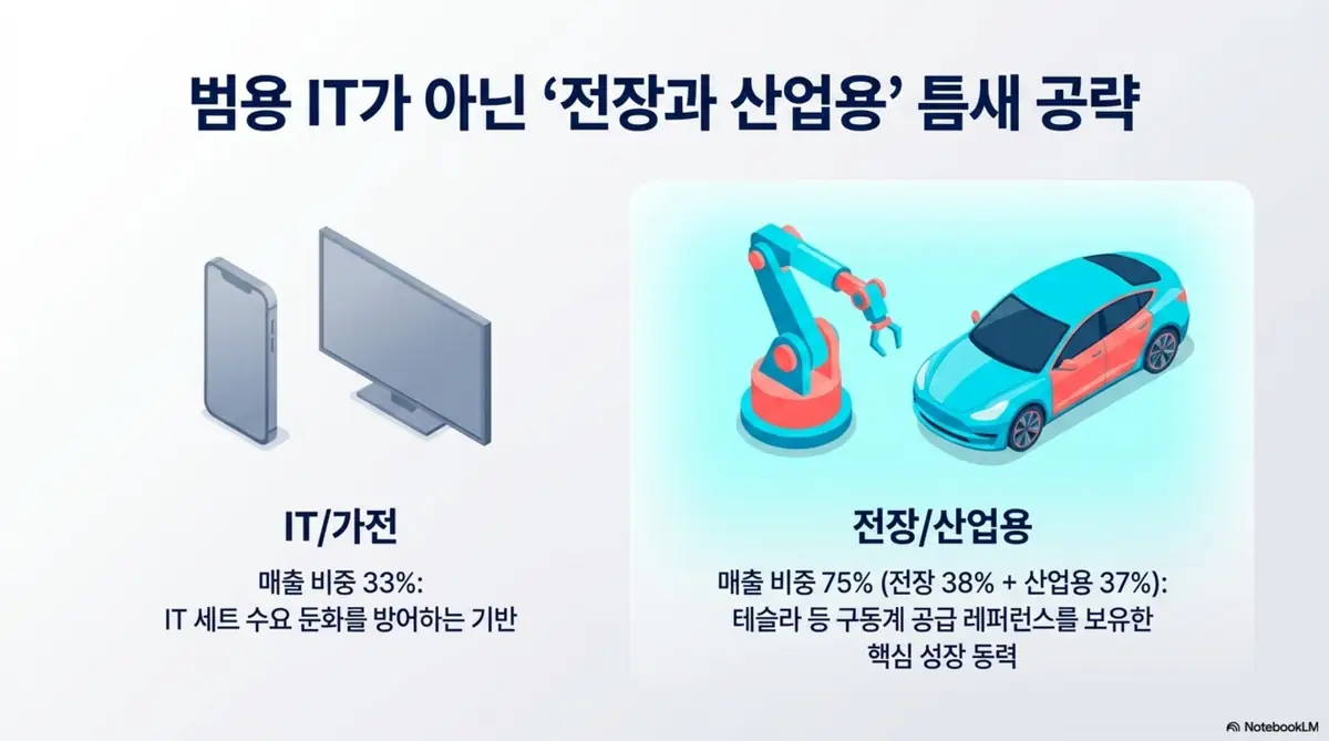 삼화콘덴서 주가 전망: 삼화콘덴서가 범용 IT가 아닌 전장·산업용 틈새 시장을 공략하는 전략을 보여주는 인포그래픽. 전장 38%와 산업용 37%를 합친 매출 비중 75%로 IT·가전 둔화를 방어하며, 테슬라 구동계 공급 레퍼런스 등 핵심 성장 동력을 시각적으로 설명함