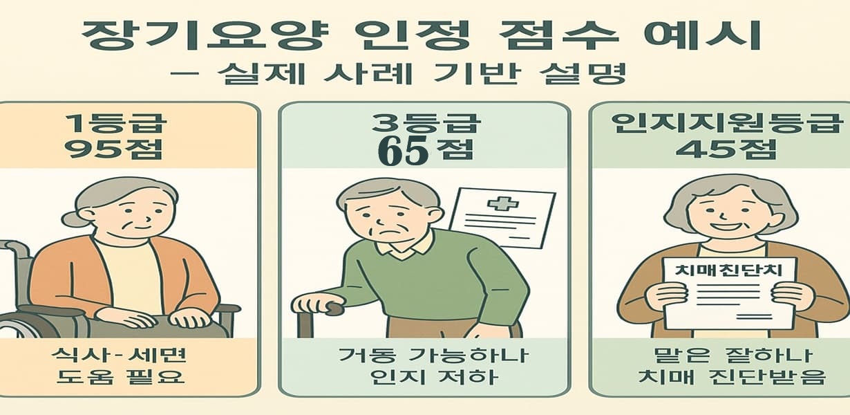 95점 1등급 어르신(휠체어), 55점 3등급 어르신(인지 저하), 45점 인지지원등급 어르신(치매 진단서) 세 명의 사례를 나란히 보여주는 설명 이미지