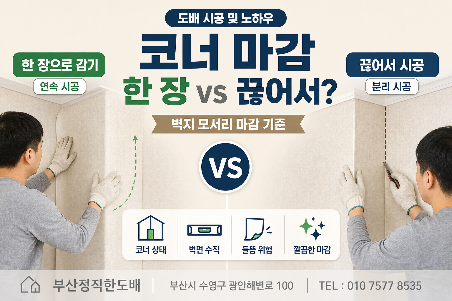 코너를 한 장으로 감을까, 끊어서 시공할까? 벽지 모서리 마감 기준|도배 시공 및 노하우