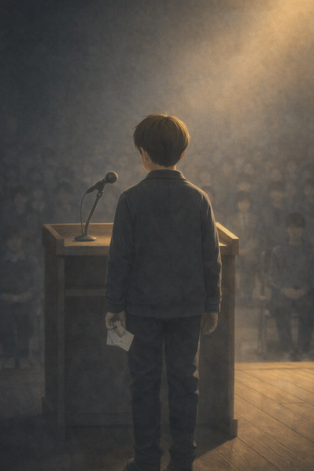 학교 시상식 강당 단상 위에 홀로 선 소년의 뒷모습과 마이크, 어두운 관중석과 대비되는 햇빛 조명 — 침묵 속에서도 정의와 기억을 말하는 시민행동의 상징적 장면