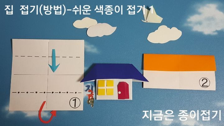 색종이 집 접기를 1번과 2번의 설명에 따라 접으며 색종이의 흰색을 위의 방향으로 놓고 접어요.