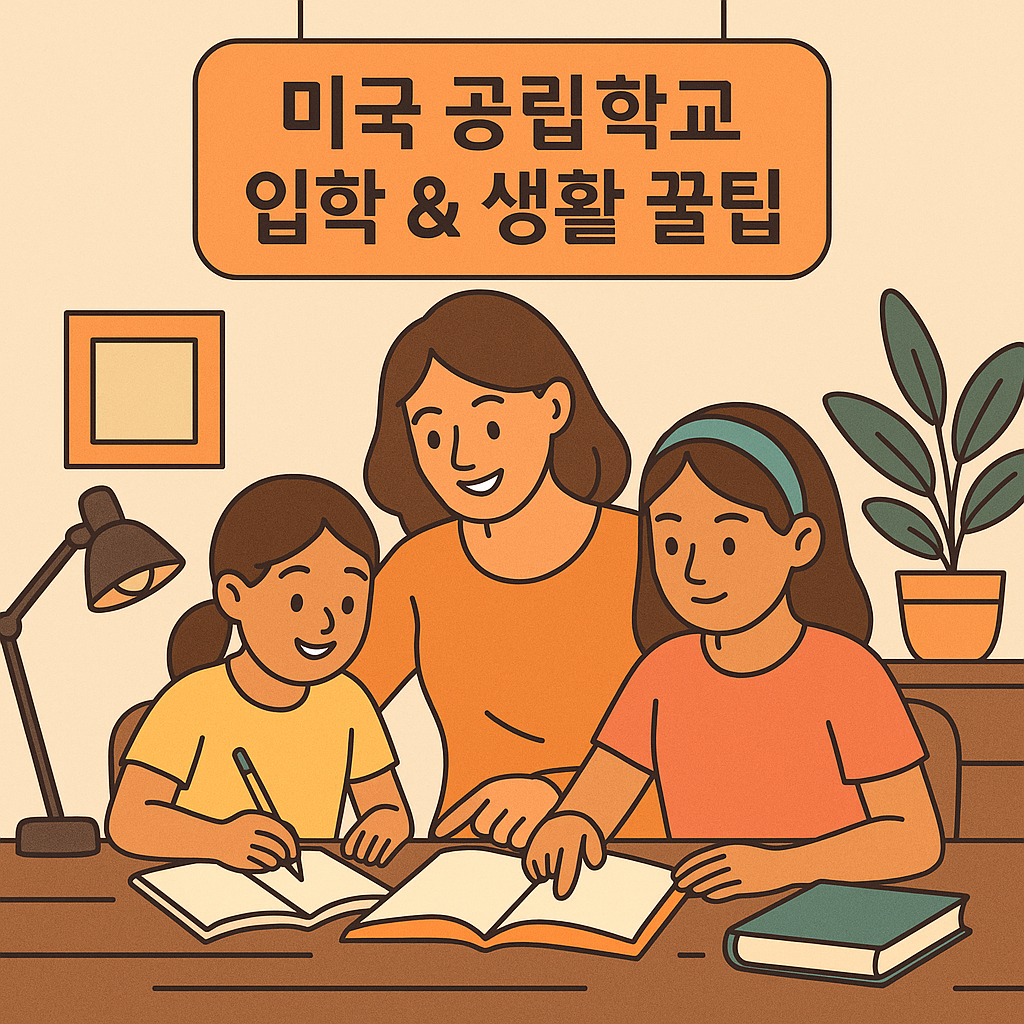 미국 공립학교에 입학하는 두 자녀를 돕는 엄마의 모습