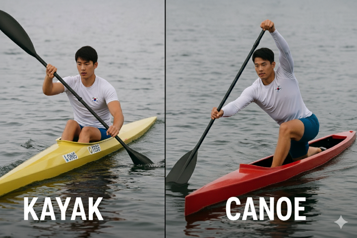 카약과 카누 선수가 각각 노를 젓는 모습을 나란히 비교하는 이미지