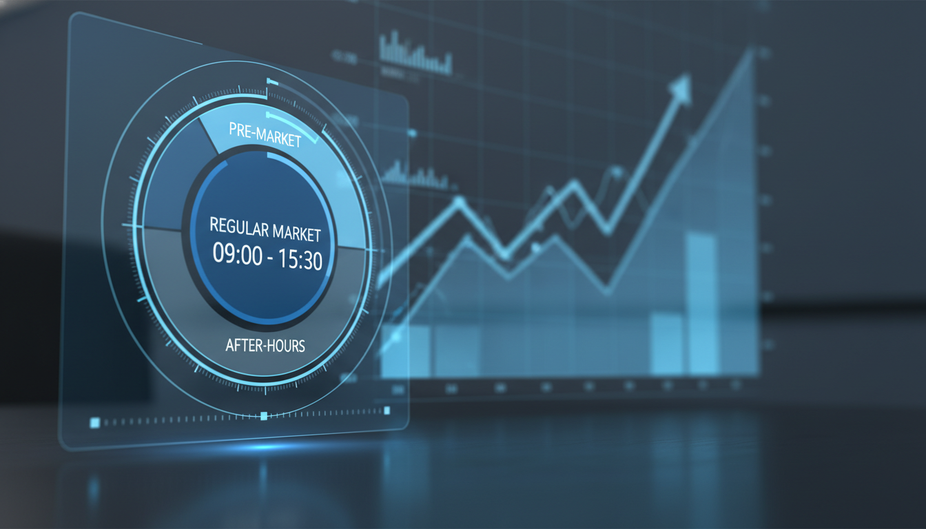 2026년 한국 주식 시장의 시간대별 거래 흐름을 나타내는 홀로그램 시계와 상승하는 주가 차트 이미지