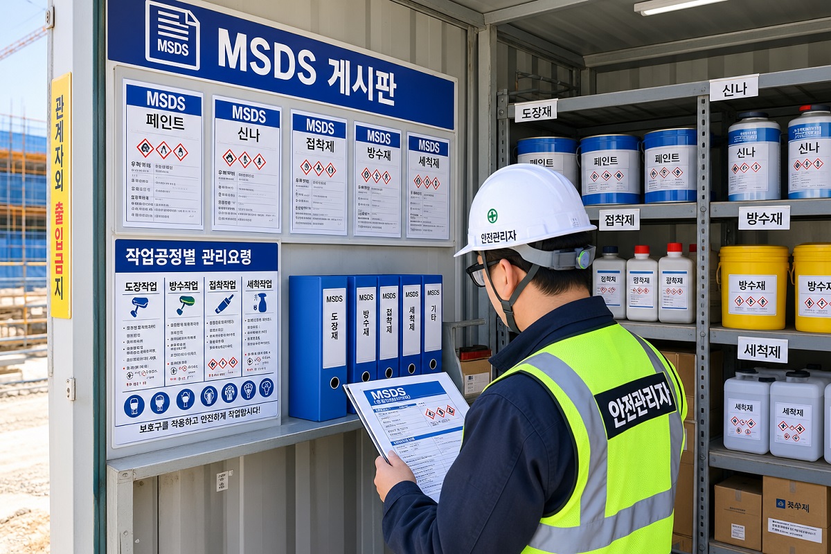 안전관리자가 건설현장 화학물질 MSDS를 확인하는 모습